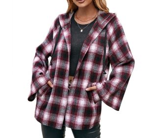 Flannel Plaid Hooded Flare Sleeve Sweatshirt Jacket (Color: Purple)