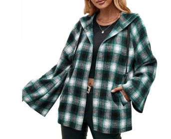 Flannel Plaid Hooded Flare Sleeve Sweatshirt Jacket (Color: Green)