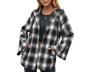 Flannel Plaid Hooded Flare Sleeve Sweatshirt Jacket (Color: Black)