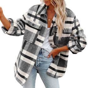 Flannel Plaid Jacket Button Down Shirts Coats Shacket (Color: Black)