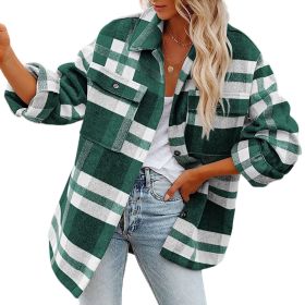 Flannel Plaid Jacket Button Down Shirts Coats Shacket (Color: Green)