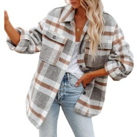 Flannel Plaid Jacket Button Down Shirts Coats Shacket (Color: Gray)