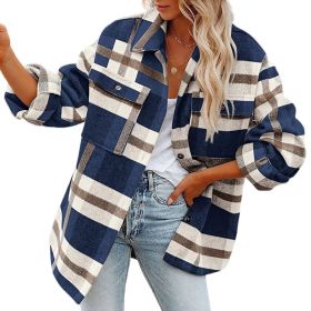 Flannel Plaid Jacket Button Down Shirts Coats Shacket (Color: Navy)