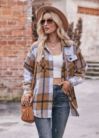 Women's Flannel Plaid Shacket Long Sleeve Button Down Flannel Shirts Plaid Jacket Coats With Chest Pocketed (size: 2XL)