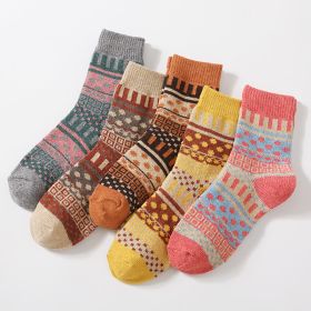 5Pairs Lot Winter Thickened Warm Woolen Socks Women's Striped Retro Wool New Year Christmas Gift Grils Socks TJ3140 (Color: 7)