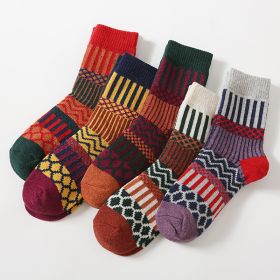 5Pairs Lot Winter Thickened Warm Woolen Socks Women's Striped Retro Wool New Year Christmas Gift Grils Socks TJ3140 (Color: 2)