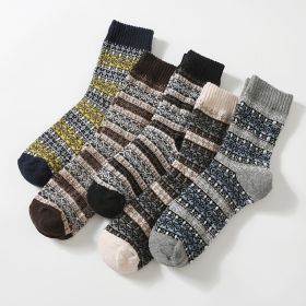 5Pairs Lot Winter Thickened Warm Woolen Socks Women's Striped Retro Wool New Year Christmas Gift Grils Socks TJ3140 (Color: Men3)