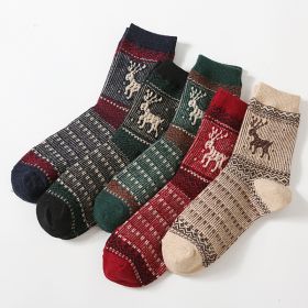 5Pairs Lot Winter Thickened Warm Woolen Socks Women's Striped Retro Wool New Year Christmas Gift Grils Socks TJ3140 (Color: 3)