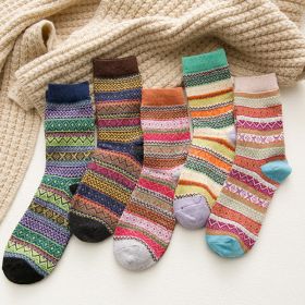 5Pairs Lot Winter Thickened Warm Woolen Socks Women's Striped Retro Wool New Year Christmas Gift Grils Socks TJ3140 (Color: 6)