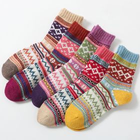 5Pairs Lot Winter Thickened Warm Woolen Socks Women's Striped Retro Wool New Year Christmas Gift Grils Socks TJ3140 (Color: 5)