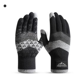 Winter Knit Gloves Men Women Fashion Warm Fleece Cycling Personality Windproof Triangular Non-Slip Touchscreen Wool Gloves (Color: Black)