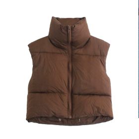 Brown Cropped Sleeveless Down Jacket Vest Coat Female Stand Collar Zipper Waistcoat 2021 Autumn Winter Ladies Casual Outerwear (Color: HFG4336 brown)