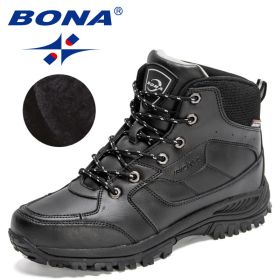 BONA 2022 New Designers Casual Winter Outdoor Snow Shoes Men Fashion Action Leather Plush Warm Boots Man High Top Hiking Shoes (Color: Black silver gray)