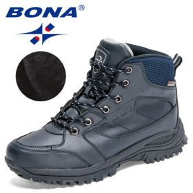 BONA 2022 New Designers Casual Winter Outdoor Snow Shoes Men Fashion Action Leather Plush Warm Boots Man High Top Hiking Shoes (Color: Deep blue S gray)