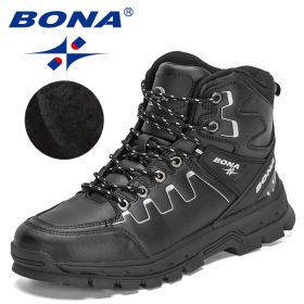 BONA 2022 New Designers Action Leather Hiking Shoes Men Winter Trekking Ankle Boots Man Top Quality Fashion Plush Boots Male (Color: Black silver gray)