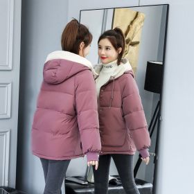 New Cotton-padded Jacket Women's Winter Short Loose Down Padded Jacket Ladies Padded Jacket Loose Hooded Jacket (Color: Dark pastel red)