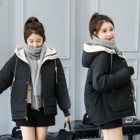 New Cotton-padded Jacket Women's Winter Short Loose Down Padded Jacket Ladies Padded Jacket Loose Hooded Jacket (Color: Black)