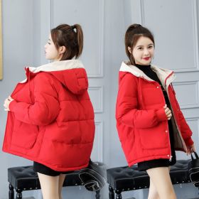 New Cotton-padded Jacket Women's Winter Short Loose Down Padded Jacket Ladies Padded Jacket Loose Hooded Jacket (Color: Red)