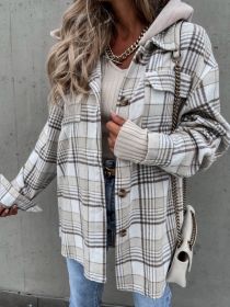 Women Flannel Plaid Long Sleeve Hooded Shirt Jacket (size: L)