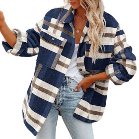 Women Flannel Plaid Jacket Button Down Shirts Coats Shacket (Color: Navy)