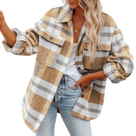 Women Flannel Plaid Jacket Button Down Shirts Coats Shacket (Color: Brown)