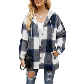 Women's Flannel Plaid Jacket Long Sleeve Button Down Shirts Hooded Coats Shacket (Color: Navy)