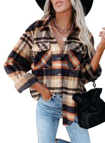 Womens Flannel Plaid Button Down Shirts Boyfriend Long Sleeve Oversized Blouses Tops (Color: Brown)