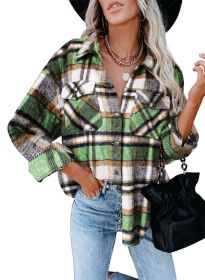 Womens Flannel Plaid Button Down Shirts Boyfriend Long Sleeve Oversized Blouses Tops (Color: Green)