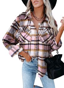 Womens Flannel Plaid Button Down Shirts Boyfriend Long Sleeve Oversized Blouses Tops (Color: PInk)