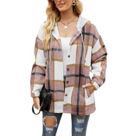 Women's Flannel Plaid Jacket Long Sleeve Button Down Shirts Hooded Coats Shacket (Color: PInk)