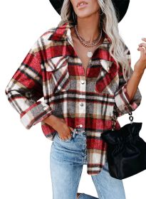 Womens Flannel Plaid Button Down Shirts Boyfriend Long Sleeve Oversized Blouses Tops (Color: Red)