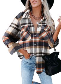 Womens Flannel Plaid Button Down Shirts Boyfriend Long Sleeve Oversized Blouses Tops (Color: Orange)