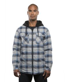 Burnside B8620 Men's Hooded Flannel Jacket (Color: GREY/ BLUE)