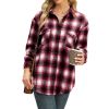 Womens Plaid Shirts Flannel Lapel Button Down Long Sleeve Shacket Jacket Loose Blouse Tops